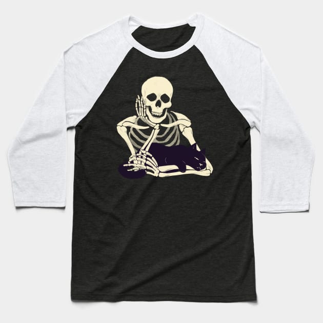 Cat and Skeleton Baseball T-Shirt by SarahWrightArt